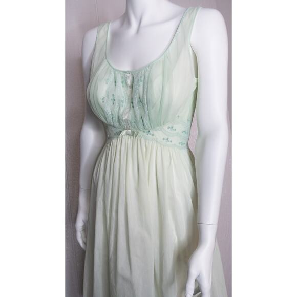 VINTAGE 60's Mint Green Pistachio Chiffon & Cotton Lace Night Dress S/M - Picture 3 of 8